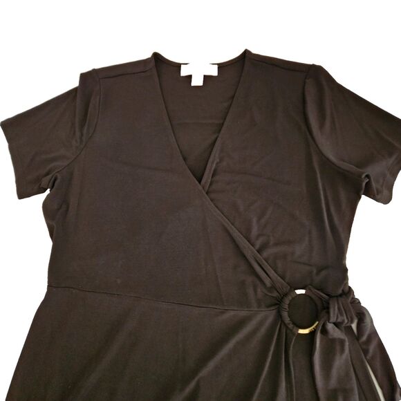 Michael Kors Dress Womens Large Black Faux Wrap MK Gold Ring & Tie Waistline - Picture 4 of 8